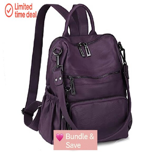 Convertible Vegan Leather Backpack Purse with Tassel, 10 Pockets, Laptop - Picture 2 of 8